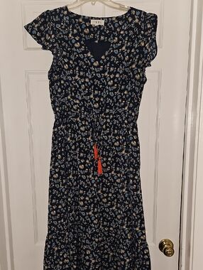 THML Navy Floral Midi Dress with Blue and Cream Accents
